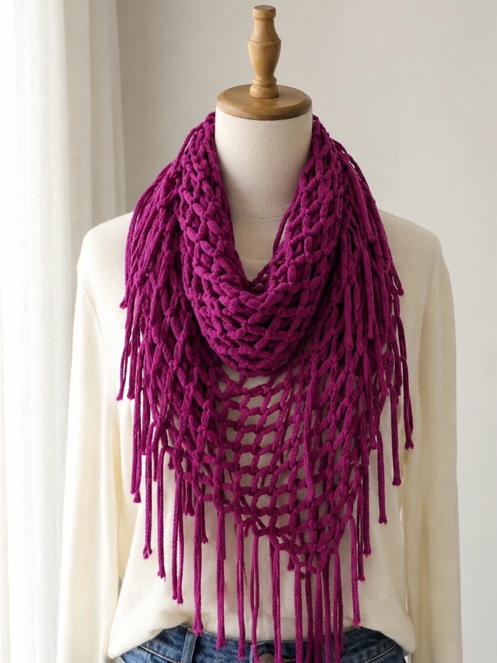 Magenta Purple Open Knit Fringe Scarf Boho Crochet Style